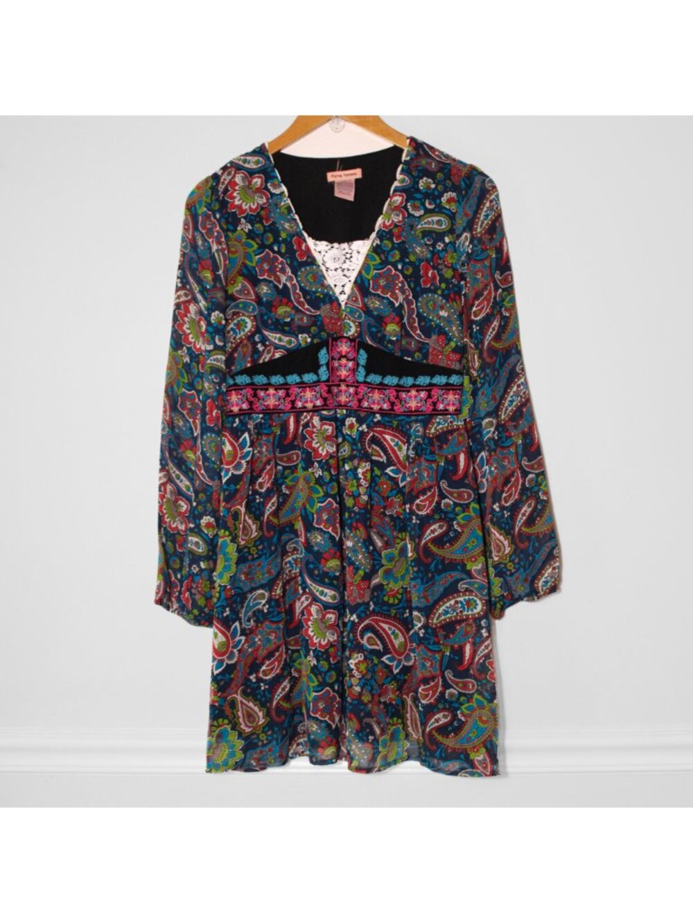 Flying Tomato Paisley Print Lace Trim Long Sleeve Dress Sheer Sleeve Boho
